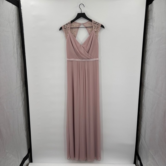 Davids Bridal Light Pink Bridesmaid Dress Size 4 Lace Cap Sleeve Keyhole Back - Picture 1 of 16